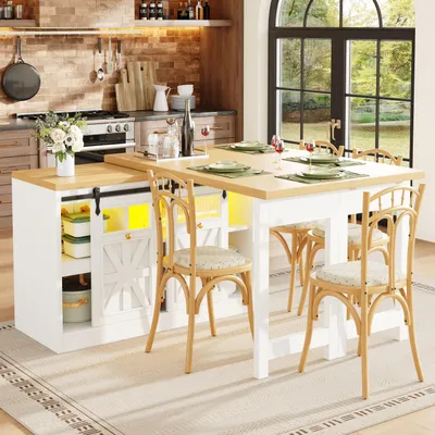 Productafbeelding van Flieks Multifunctionele eettafel met zijkast, combinatie van een 360° draaibare functie en een slim lichtsystem, keukentafel, bartafel, 120-197x40x72 cm, wit