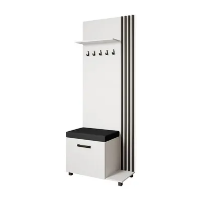 Produktbild von Garderobenschrank LIVIA Rechts Weiß – Garderobe mit Kleiderhaken, Schuhschrank, schwarze Lamellen, schwarzem Sitzkissen, Hochschrank, Flurmöbel