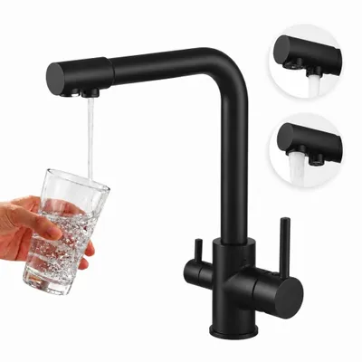 Produktbild von AjieQAQ 3-Wege Küchenarmatur mit Filteranschluss Schwarz Matt – Schwenkbarer Wasserhahn mit 360° Auslauf für Küche