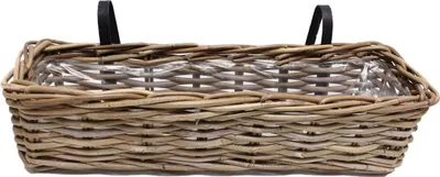 Zdjęcie produktu dla Rotan Balcony Plantbak - 60 x 18 x 16 cm - Kosz balkonowy - Wisząca skrzynka balkonowa - Akcesoria ogrodowe - Ogrodnictwo - Wisząca doniczka balkonowa - Brązowy