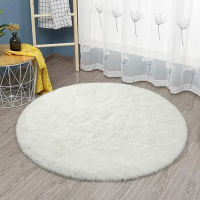 Immagine prodotto di Tappeto rotondo, pelo alto e morbido, antiscivolo, ultra soffice, bianco, 100x100 cm