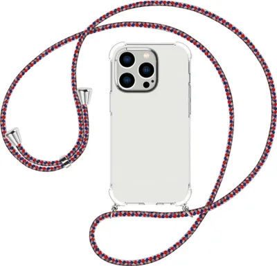 Produktbild von Handykette Backcover-Schutzhülle mit Band (Metall silberfarben) für Apple iPhone 15 Pro - silber/blau/rot