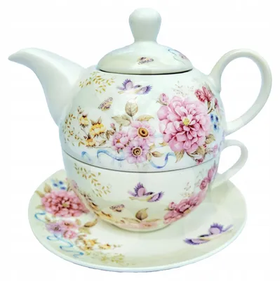 Produktbild von Teeservice aus Porzellan: Tasse und Teekanne (400 ml) mit Metallfilter