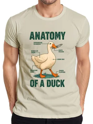 Zdjęcie produktu dla T-shirt męski z motywem "Anatomia kaczki", humorystyczny mem, ironia, rozmiar 3XL. Materiał: naturalny