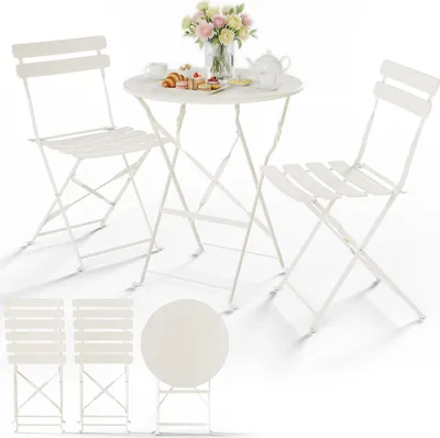 Produktbild von VOUNOT® Metall Bistroset 3-teilig, klappbarer Bistrotisch mit 2 Stühlen, Creme