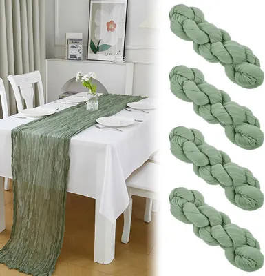 Produktbild von 4 Stück Käsetuch Tischläufer in Salbeigrün, 90x300cm, Boho Gaze Tischläufer für Hochzeiten, Gartenpartys, Babypartys und Geburtstagsfeiern