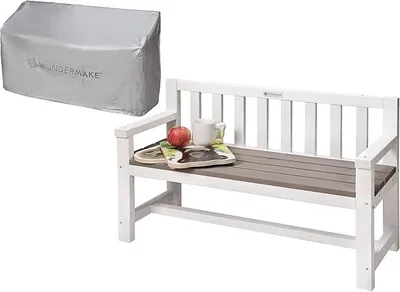 Produktbild von Design Kinder-Gartenbank aus Holz wetterfest mit Textil-Abdeckung und Lehne, 2-Sitzer Kinderbank Holzbank Parkbank Kinder Sitzbank massiv Garten Outdoor, Naturholz, weiß grau anthrazit