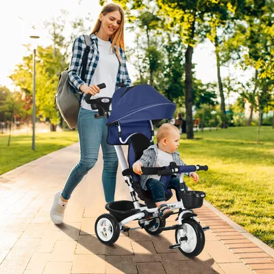 Produktbild von Kinderdreirad 6-in-1, Dreirad mit Schiebestange, Sonnendach, Sicherheitsgurt, Blau | 112x50x104 cm | Metall-Rahmen | ab 12 Monate