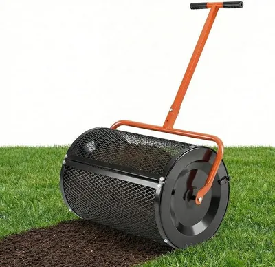 Produktbild von Kompoststreuer 77 L, Torfmoosstreuer mit höhenverstellbarem T-Griff & Mesh-Korb, ?40x61cm, Düngerstreuer für Garten Rasen, Gartenstreuer für Dünger Saat, Handstreuer Kompostwalze (Orange)