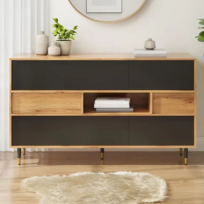 Immagine prodotto di Mobile contenitore Moonbite da 140 cm con 2 ante a ribalta, mobiletto per soggiorno con 2 cassetti, vano aperto centrale, ante laterali, realizzato in pannello MDF e pannello truciolare, colore nero
