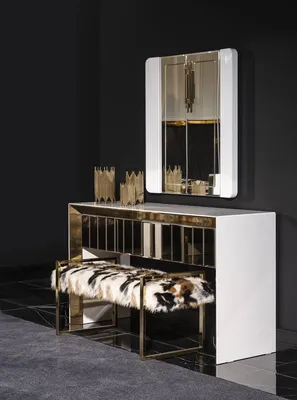 Immagine prodotto di Tavolo da trucco in legno bianco con specchio, design elegante e moderno