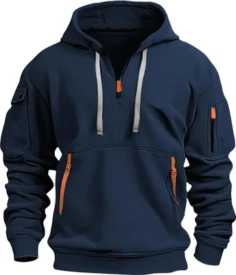Immagine prodotto di Felpe con cappuccio da uomo con zip a quarto di dollaro pullover tattico felpa vintage a manica lunga moda casual con tasche, uomo, blu navy, L