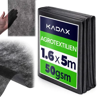 Produktbild von KADAX Unkrautvlies 1.6 x 5 m, 50 g/m², Schwarz Gartenvlies aus Polypropylen, Wasserdurchlässig Mulchvlies gegen Unkraut, Unkrautfolie für Garten, Pflanzfolie