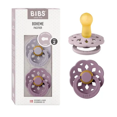 Imagen del producto de BIBS Boheme, set de 2 chupetes. Sin BPA, tetina con forma de cereza. Hecho de caucho natural / látex. Fabricado en Dinamarca. Talla 2 (6-18 meses), color gris fósil / malva