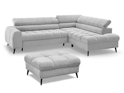 Produktbild von Ecksofa mit Schlaffunktion mit Hocker VINNI L, Eckseite: Rechts, Farbe: Hellgrau, Stoff: Misterio 80