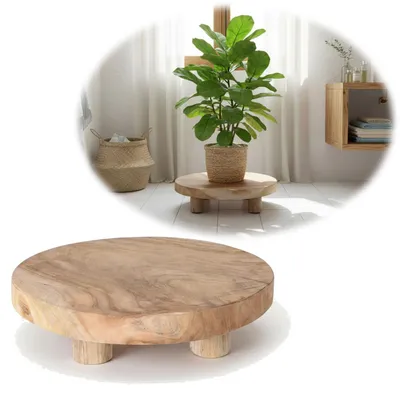 Produktbild von LS-LebenStil Pflanzenhocker Teak Holz 20x7cm Rund Mini Tisch Deko Tablett Blumenständer Tischchen Deko Hocker kleiner Holzhocker