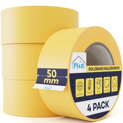 Produktbild von Plid® Goldband Malerkrepp (50mm x 50m, 4 Rollen) - Malerklebeband Nassfest - Innen & Außen - Abklebeband Maler, verhindert Unterlaufen von Farben