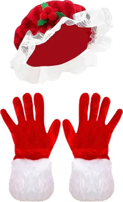 Produktbild von Weihnachtsfrau-Kostüm für erwachsene Frauen: Rote Weihnachtsmannhaube mit Spitzenbesatz und Weihnachtshandschuhen, Set für Weihnachtsfeiern und Cosplay-Requisiten