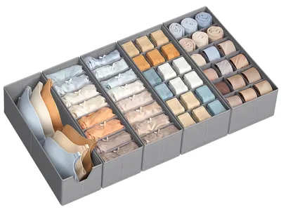 Produktbild von SONGMICS Schubladen-Organizer aus Vliesstoff, Faltbare Aufbewahrungsboxen für Unterwäsche und Socken, 15/19 x 41 x 10 cm, 5er Set, Grau, Schrank-Organizer, Tina Kollektion RUS020GD01 – Größe HEMNES