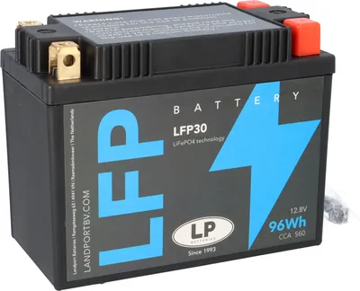 A black battery with blue lightning bolt graphics and text labels.