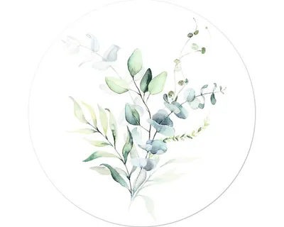 Produktbild von Glasbild Leaves I, zarte Aquarellkomposition in Grün-Blau, Ø 50 cm