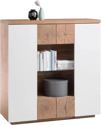 Produktbild von S Highboard Helsinki weiß matt Lack Eiche MDF 2 Tr, 2 SK, 2 Fach, 110/114/40