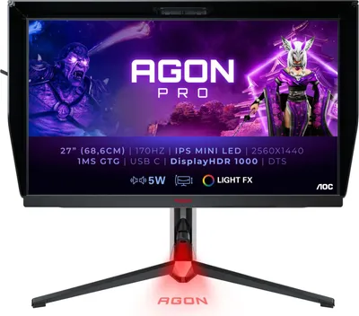 AOC AGON PRO gaming monitor with promotional graphics and product specifications displayed on the screen.