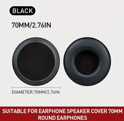 Two black earphone cushions are shown side-by-side, with text indicating their size and suitability.