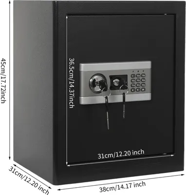 Produktbild von Digitaler Tresor - Elektronischer Safe - Volumen 43 l - Maße 38×31×45 cm - Stahltür 4 mm - Code + Hauptschlüssel/Notschlüssel - Wandmontage/Standgerät - Schwarz