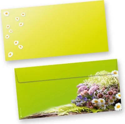 Produktbild von Briefumschläge Frühling grün (250 Stück) beidseitig bedrucktes DIN lang Kuverts, mit frischen Frühlingsblumen