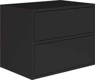 A black nightstand with two drawers is shown against a white background.