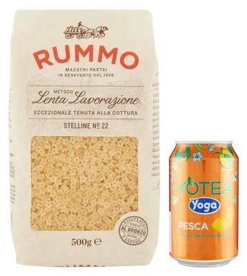 Produktbild von 16er-Pack Rummo Pasta Stelline N°22,Italienische Nudeln aus Hartweizengrieß,500g + 1er-Pack Yoga Eistee Pfirsich 330ml Dose