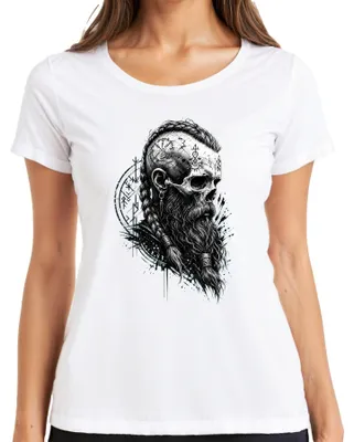 Productafbeelding van Wikings: T-shirt met opdruk van een schedel, baard, runen, een Noords krijger, Scandinavië, Asgard. Damesmodel, wit, maat L