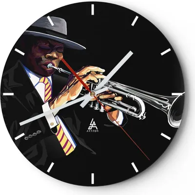 Produktbild von Wanduhr - Rund - Glasuhr - Jazz Musik Musiker - 30x30cm - Schleichendes Uhrwerk - Lautlos - zum Aufhängen bereit - Dekoration Modern - Wanddekoration aus Glas - C3AR30x30-3588
