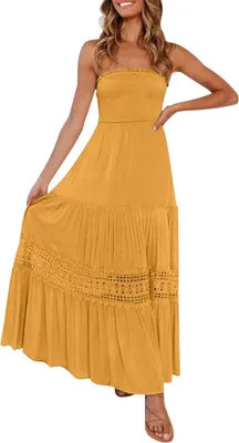 Produktbild von ASKSA Damen Sommer Kleider Bandeau Kleid Lang Schulterfreies y TraeGerlos Off Shoulder RueCkenfrei Spitzenbesatz Maxikleid (Gelb,XXL)
