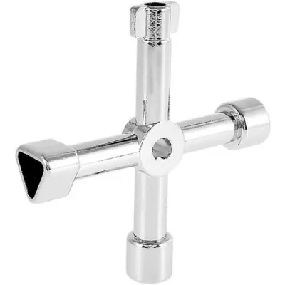 A silver, multi-functional switch cabinet key is shown against a white background.