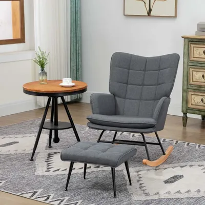 Image de AIORBER Fauteuil à bascule avec tabouret, avec accoudoirs & dossier haut, fauteuil d'allaitement en lin, rembourré, avec structure en hêtre, 64x89x90 cm, gris