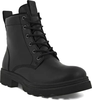 A black leather lace-up boot shown from a three-quarter angle against a white background.