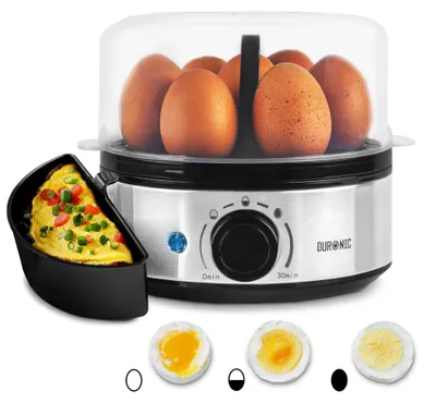 Produktbild von Duronic EB50 BK Eierkocher für 7 Eier, 400 Watt, Härtegrad von weich bis hart, mit Timer, mit Messbecher und Eipick, Frühstücksei für Familie