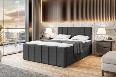 Produktbild von MEBLINI King Boxspringbett mit Bettkasten - Gepolstert Doppelbett mit Matratze und Topper - Polsterbett mit Stauraum - Bett mit Kopfteil - Stauraumbett - LEBRON - 180x200 - H3/Dunkelgrau Webstoff