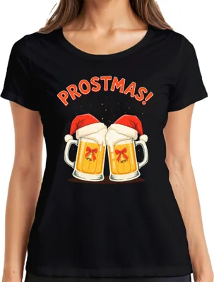 Immagine prodotto di PROSTMAS! Boccale di birra Cappello di Babbo Natale Regalo Divertente Maglietta da Donna, Nero, XXL