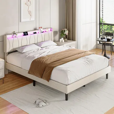 Image de REMZETTA, lit tapissé 140 x 200 cm, lit double pour adultes avec sommier à lattes, tête de lit rembourrée en lin, éclairage LED RGB, ports USB-C et 2 ports USB, couleur beige