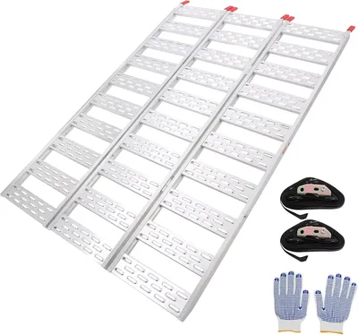 Productafbeelding van Oprijplaat voor pick-ups - Aluminium oprijplaat voor motorfietsen en quads - Drievoudig inklapbaar - Draagvermogen 680 kg - Met laadbanden - 193 x 127 cm