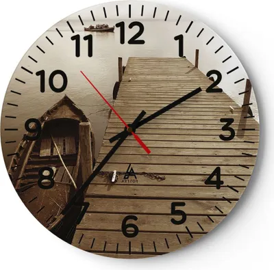 Produktbild von Wanduhr - Rund - Glasuhr - Brücke Boot Sepia - 40x40cm - Schleichendes Uhrwerk - Lautlos - zum Aufhängen bereit - Dekoration Modern - Wanddekoration aus Glas - C4AR40x40-4135
