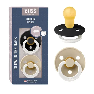 Produktbild von BIBS Colour Glow Schnuller 2er-Pack, BPA-frei. Leuchtet im Dunkeln, Kirschform Nippel. Naturkautschuk / Latex, Hergestellt in Dänemark, Größe 3 (18+ Monate), Black Glow / Vanilla Glow