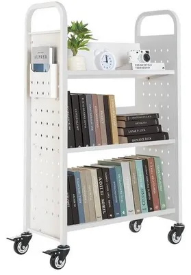 Obrázek produktu pro Vozík na knihy s nosností 150 kg - Vozík na knihy 77x38x122 cm - Jednostranný regál ve tvaru V s kolečky s dvojitou brzdou - Ideální do obývacího pokoje, kanceláře, školy - Bílý