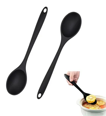 Produktbild von Servierlöffel - 2 Stück Silikon Kochlöffel mit langem Griff - Antihaft-Küchenutensilien zum Kochen, Backen und Rühren - Schwarz