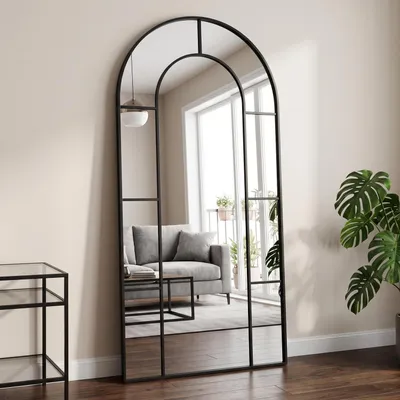 Immagine prodotto di Specchio a figura intera, forma ad arco, dimensioni 180 x 80 cm, colore nero, con supporto per appoggio o sospensione, realizzato in vetro di sicurezza