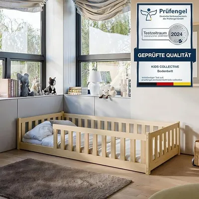 Produktbild von Kinderbett Bodenbett 80x160 cm Bett mit Matratze, Rausfallschutz & Lattenrost Montessori Bett Bed Gitterbett Kinder Jugendbett Einzelbett komplett Set | Natur Kiefer Holz massiv Junge Mädchen