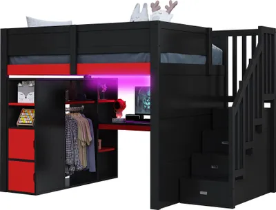 Zdjęcie produktu dla Drewniane łóżko piętrowe dla graczy o wymiarach 140 x 200 cm z biurkiem, wielopoziomową przestrzenią do przechowywania, oświetleniem LED, gniazdem USB do ładowania oraz czarnymi schodami z schowkiem